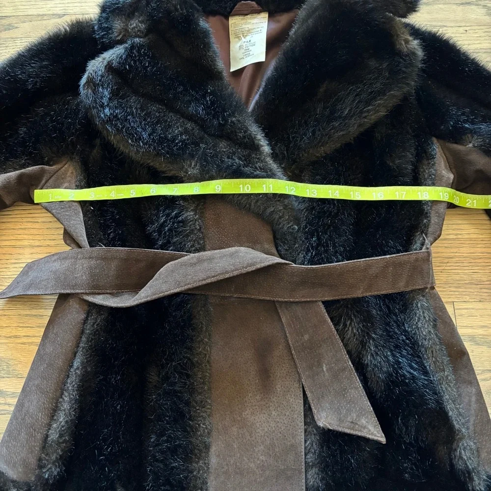 Vintage Rosewin Tissavel Brown Faux Fur Suede Belted Mid Coat Jacket Womens M‎ L